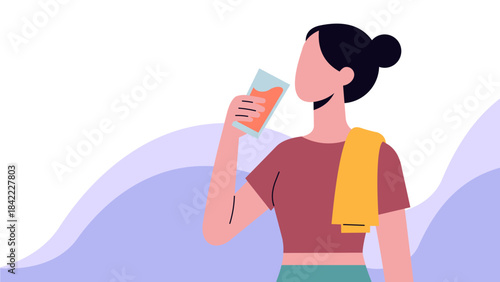 Woman Drinking Juice After Workout - Flat Design Illustration