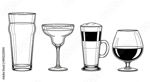Four different types of drinking glasses, including a pint, margarita, latte, and brandy snifter, in a line art style.
