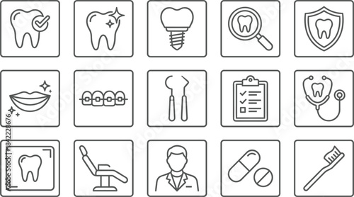 Dentistry, Dental Health, Oral Care, Tooth Treatment, Orthodontics, Implant, Clinic, Hygiene, and Medical Service Line Icons Set, Vector Illustration