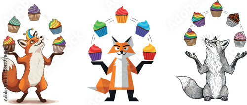Clever Cartoon Fox Mascot Juggling Colorful Cupcakes Vector Illustration - Dessert, Party, Fun, and Animal Show Concept
