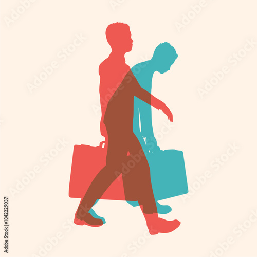 Difference between energy and mood level. Businessman in two versions tired and active. Ready to work and burnout comparison. Businessmen walking with briefcase.