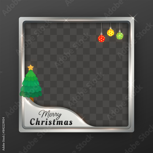 Merry Christmas Silver Metallic Frame with Christmas Tree, Lights and Bauble Ornaments Festive Design