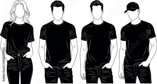 Casual fashion group illustration of diverse people in modern outfits standing together with hands in pockets, minimal black and white style