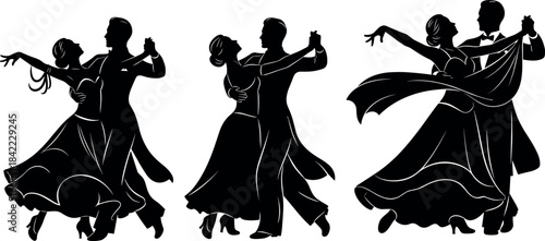 Elegant ballroom dancing couples in silhouette pose wearing formal attire, showcasing graceful movement, romantic gestures, and synchronized dance performance.