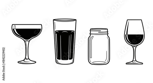 Line Art Various Type of Drink Container Glassware Illustration