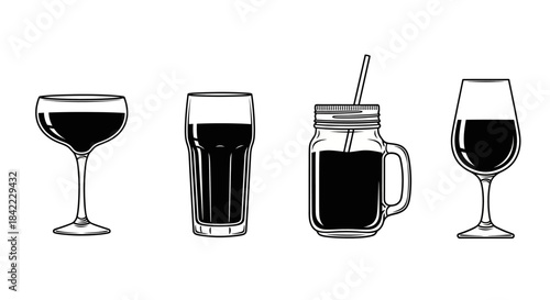 Four different types of drinking glasses filled with dark beverages, depicted in a black and white line art illustration.