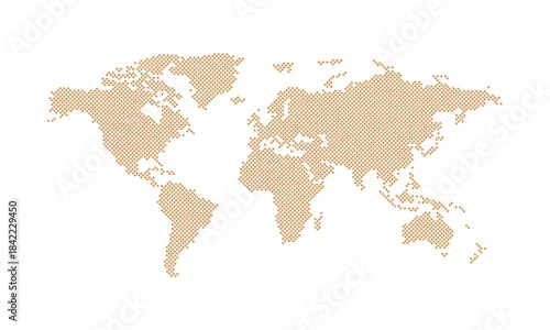 A golden world map made of squares and geometric shapes, arranged to form a world map on a white background.