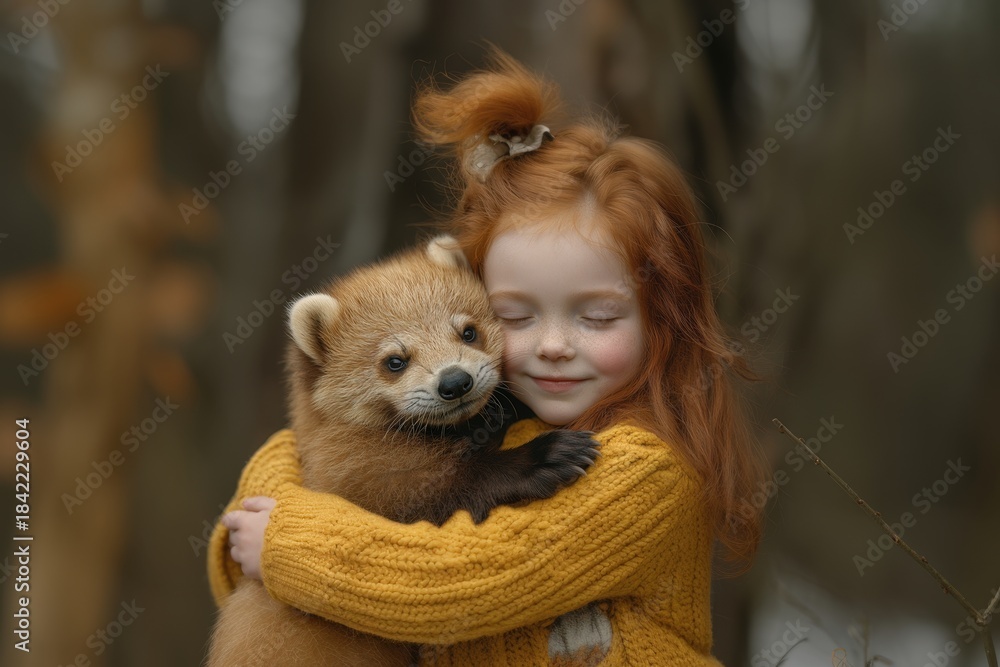 Obraz premium A heartwarming scene of a young girl with red hair embracing a small brown fox within a lush forest environment. Evokes feelings of friendship, nature, and innocence.