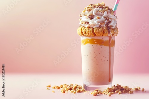 Indulge in the rich and creamy delight of a decadent biscuit shake topped with crunchy cookie crumbles on a soft pastel background.