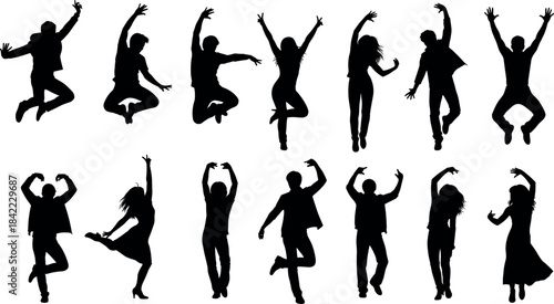 Energetic people silhouettes jumping and dancing in dynamic poses for celebration, performance, movement, freedom, joy, and expressive lifestyle themes.
