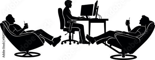 Modern office contrast showing focused worker at desk with dual monitors beside relaxed colleagues enjoying drinks in lounge chairs.