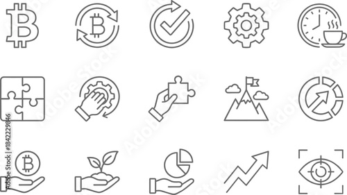 Business Management, Investment, Financial Growth, Development, Solution, Time Management, Goal Achievement, and Cryptocurrency Line Icons Set, Vector Stock Illustration