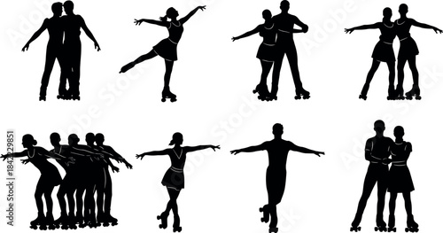 Roller skating silhouette group performing synchronized artistic moves, black vector icons of skaters in dynamic poses for sports design