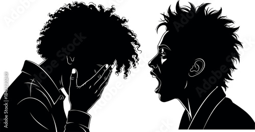 Silhouette of emotional conflict between two people, one shouting and one covering face, expressing stress, anger, and interpersonal tension.