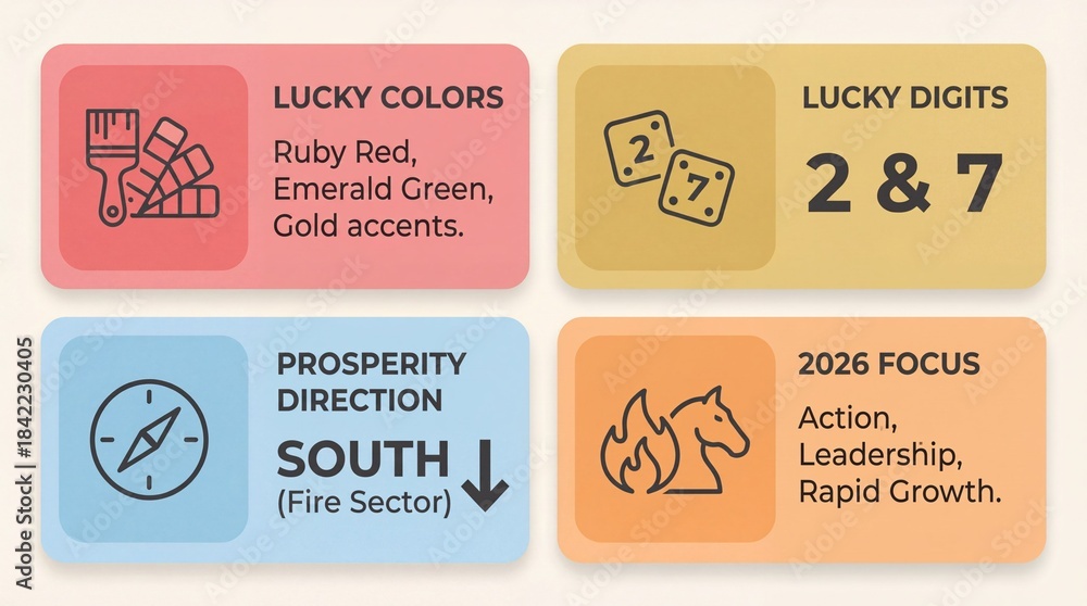 Fototapeta premium Lucky tips board for 2026 shows lucky colors digits direction focus, lucky guidance for fire sector south with fortune notes about action leadership rapid growth mindset in bright pastel cards
