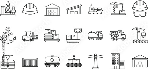 Industrial and logistics icon set featuring construction equipment, warehouses, ships, forklifts, transportation vehicles, safety gear, and cargo handling symbols in outline style.