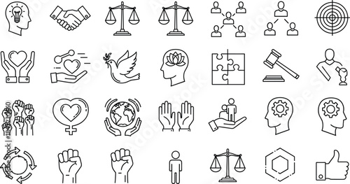Social justice and equality icon set featuring community support, human rights, peace symbols, activism, diversity, communication, and leadership concepts in clean outline style.
