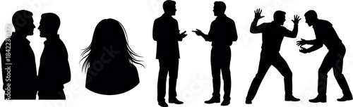 Silhouette people in various emotional interactions including conversation, confrontation, and expressive gestures, ideal for communication and relationship concepts.