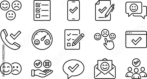 Customer feedback and survey line icons set, vector illustration, user experience rating, satisfaction review symbols, quality checklist signs