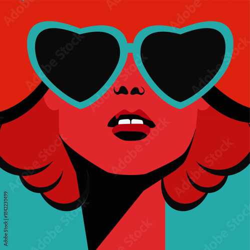 A bright girl in sunglasses, heart-shaped glasses, a poster with a portrait of a Chewbacca with curly hair, a woman's face with lipstick