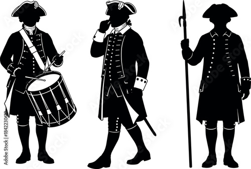 Silhouetted Revolutionary War Soldiers with Drum, Sword, and Spear in Historic Military Uniforms and Tricorn Hats on White Background