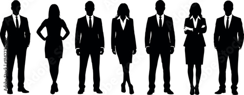 Silhouettes of Business Professionals in Formal Attire Standing Together Representing Corporate Teamwork, Diversity, Leadership, Unity, and Professional Workplace Culture