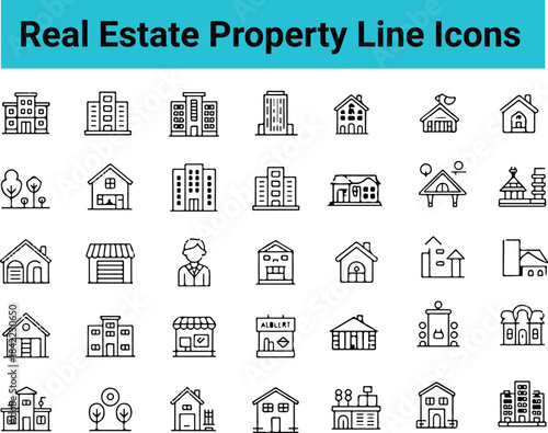 Real Estate and Property line icon set. Included the icons as Real estate, building, house, home,  architecture, city, urban and more.