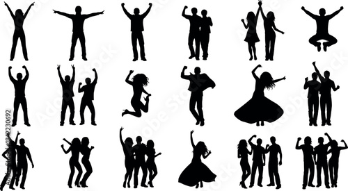 Silhouettes of people dancing, jumping, celebrating, and interacting in joyful poses for party, festival, event, and lifestyle themes.