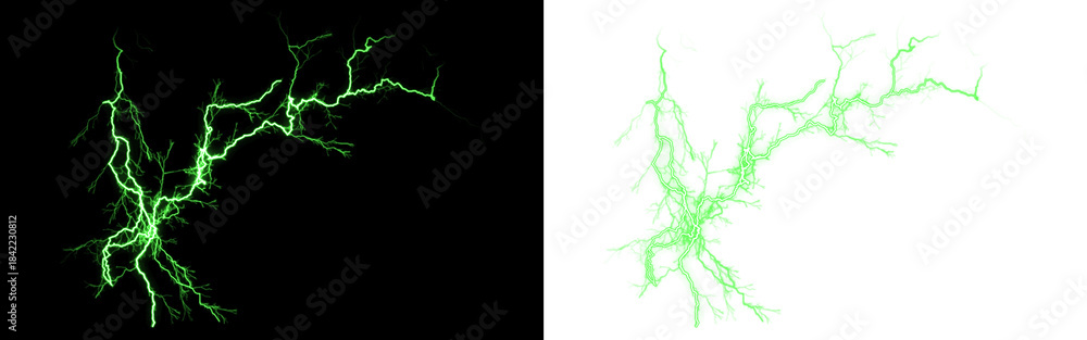Fototapeta premium Vibrant green lightning bolt and abstract energy flow visualization on a dark background