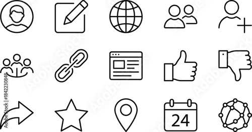 Set of social media line icons, vector illustration, user interface symbols, web communication outline signs, internet profile, share, like, network elements