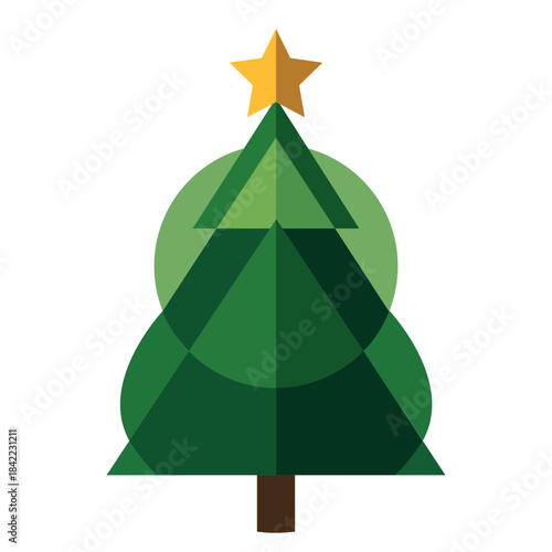 A green origami paper Christmas tree with a 3d star shape creates a festive holiday vector illustration for a merry winter season celebration greeting card design