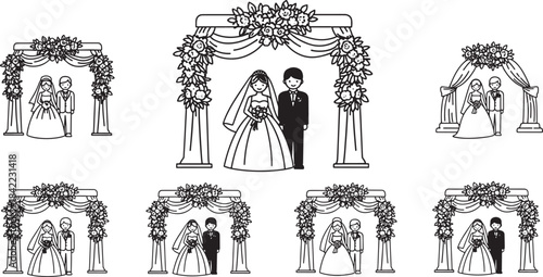 Elegant Wedding Arch Icon Set Featuring Bride and Groom in Floral Ceremony Scenes, Decorative Marriage Illustrations, Romantic Outline and Silhouette Designs for Bridal and Event Graphics