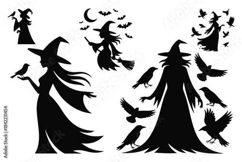 Black silhouette witches and birds with moon and bats