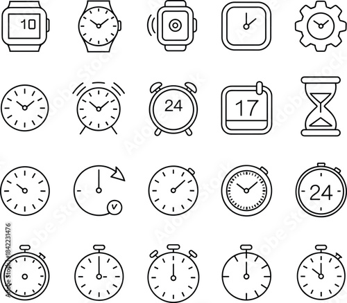 Human Resources, Team Management, Business Networking, Staff Development, Recruitment, Employee Evaluation, Time, and Process Optimization Line Icons Set, Vector Illustration