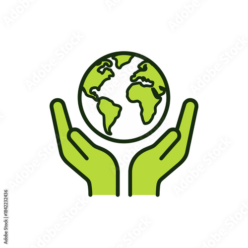Vector icon of hands holding a stylized earth globe in lime green