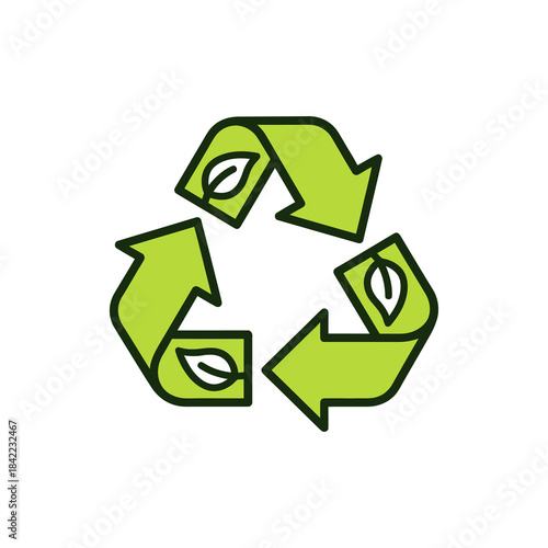 Vector icon of a recycling loop symbol with leaves in lime green