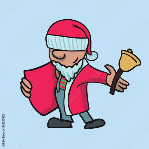 santa cartoon character holding ring bell and opening its jacket for a message