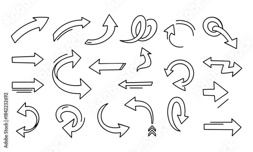 Collection of diverse hand-drawn arrows in various styles for navigation, UI design, and graphic elements, offering versatile direction indicators for web and print projects