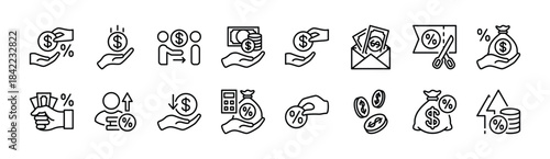 Commission money thin line icon set. Contains income, profit, salary, calculate percentage of earnings, wages increase, pay, financial accounting, payment, loan, tax deduction. Vector illustration