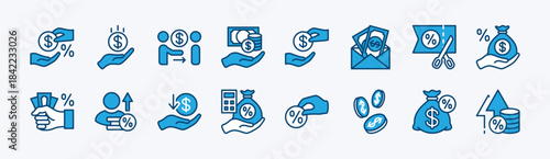 Set of commission money icon. Contains income, profit, salary, calculate percentage of earnings, wages increase, pay, tax deduction, financial accounting, payment, loan. Vector illustration