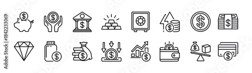 Finance thin line icon set. Contains savings, piggy bank, currency, safe, dollar coin, profit, investment growth chart, earning money increase, deposit, credit card, balance, gold, jewelry - vector