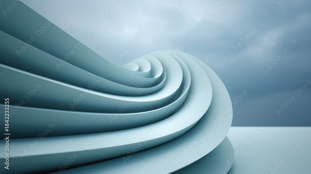 Obraz premium Abstract 3D Wave Design with Gentle Curves and Soft Tones Under Moody Cloudy Sky for Modern Digital Backgrounds or Artistic Conceptual Use