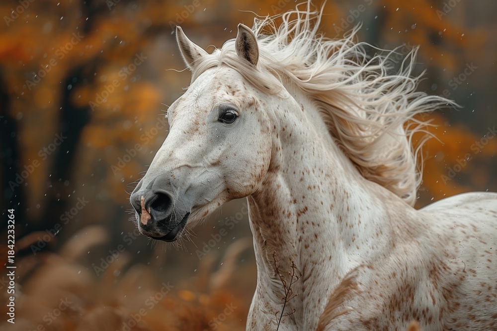 Obraz premium A majestic white horse with brown spots races through a vibrant autumnal field filled with colorful leaves. A beautiful image of nature and equine power.
