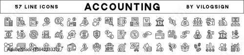 Accounting, taxes, financial, banking icon set. Contains savings, piggy bank, profit, currency, safe, investment, earning, calculate money, deposit, balance, budget, income, transaction - vector