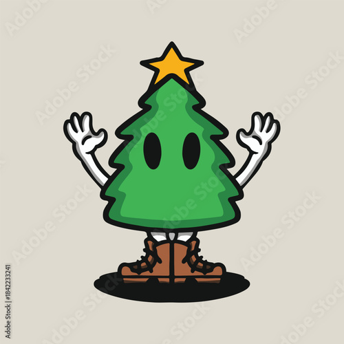 christmas tree cartoon character hands up