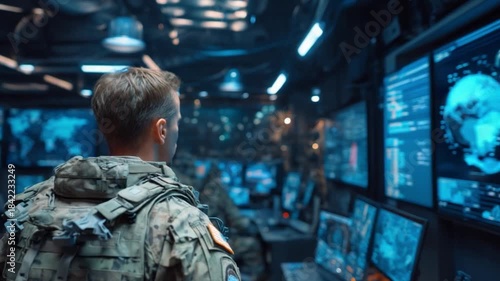 A handsome male cyber drone network commander coordinating secure swarm channels inside a bright tactical operations hall during midday.