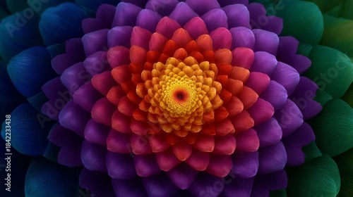A close-up shot of a colorful, radiant flower with a gradient pattern. The flower's petals create a mesmerizing display of colors