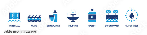 Exploring Water Icons set vector illustration blue with Waterfall, Wave, Drink water, Fountain, Gallon, Groundwater, Water cycle