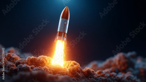 Fototapeta Naklejka Na Ścianę i Meble -  A rocket ship taking off into space with a trail of fire and smoke