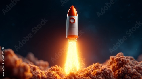 Fototapeta Naklejka Na Ścianę i Meble -  A rocket ship soaring through the atmosphere, with a trail of fire and smoke billowing beneath it. This image represents ambition, progress, and the excitement of launching new ideas